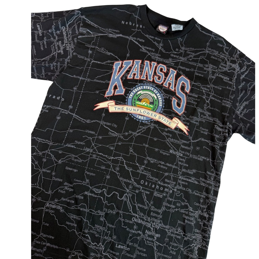 Vtg State of Mine Kansas Sunflower State Map T-Shirt Mens L Black All Over Print - Picture 2 of 7
